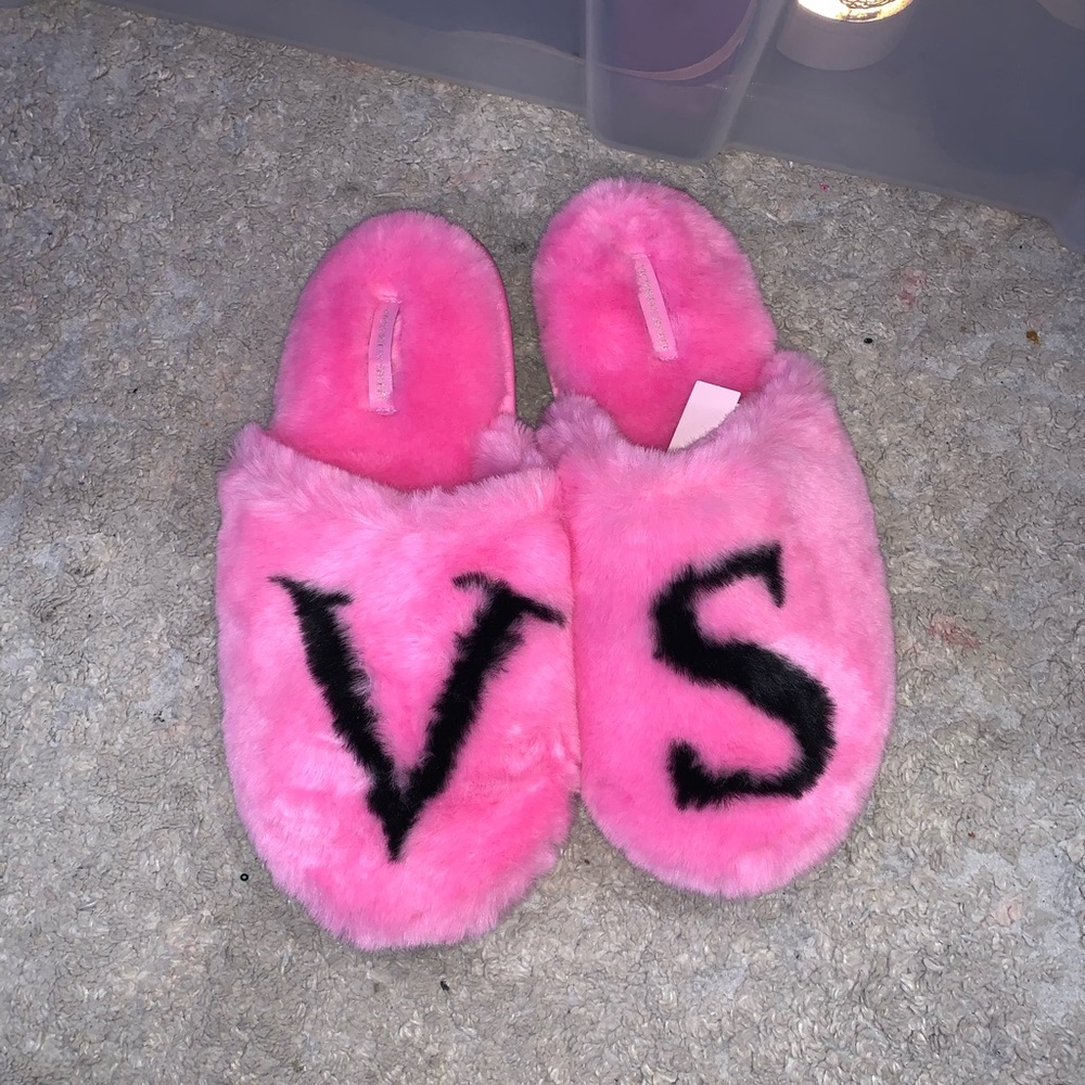 Pink Fuzzy Slippers with Black VS Logo